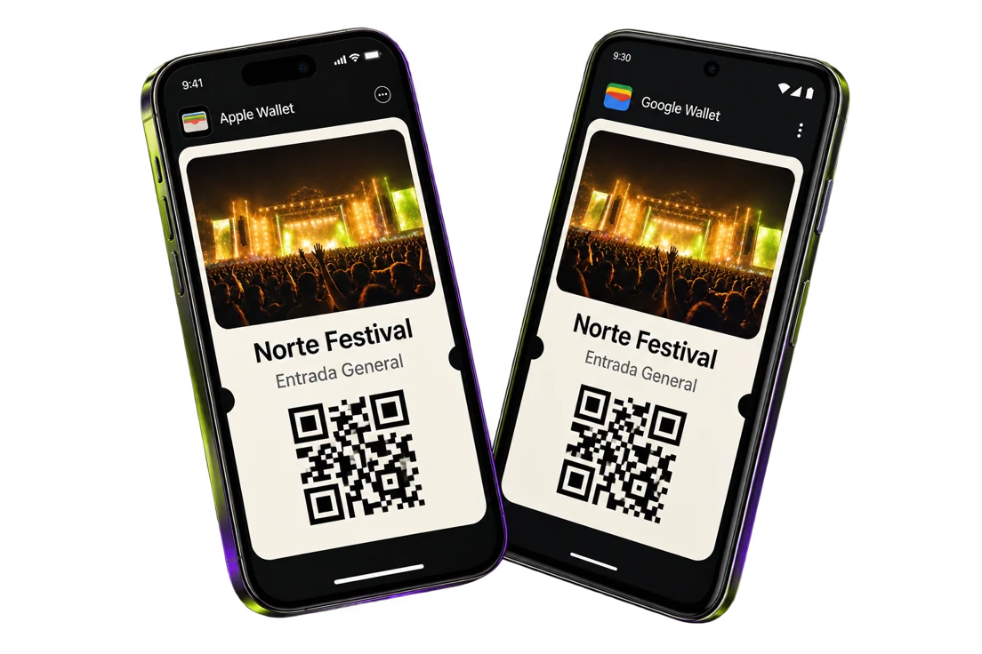 Ilustración de pases de Norte Festival en Apple Wallet y Google Wallet