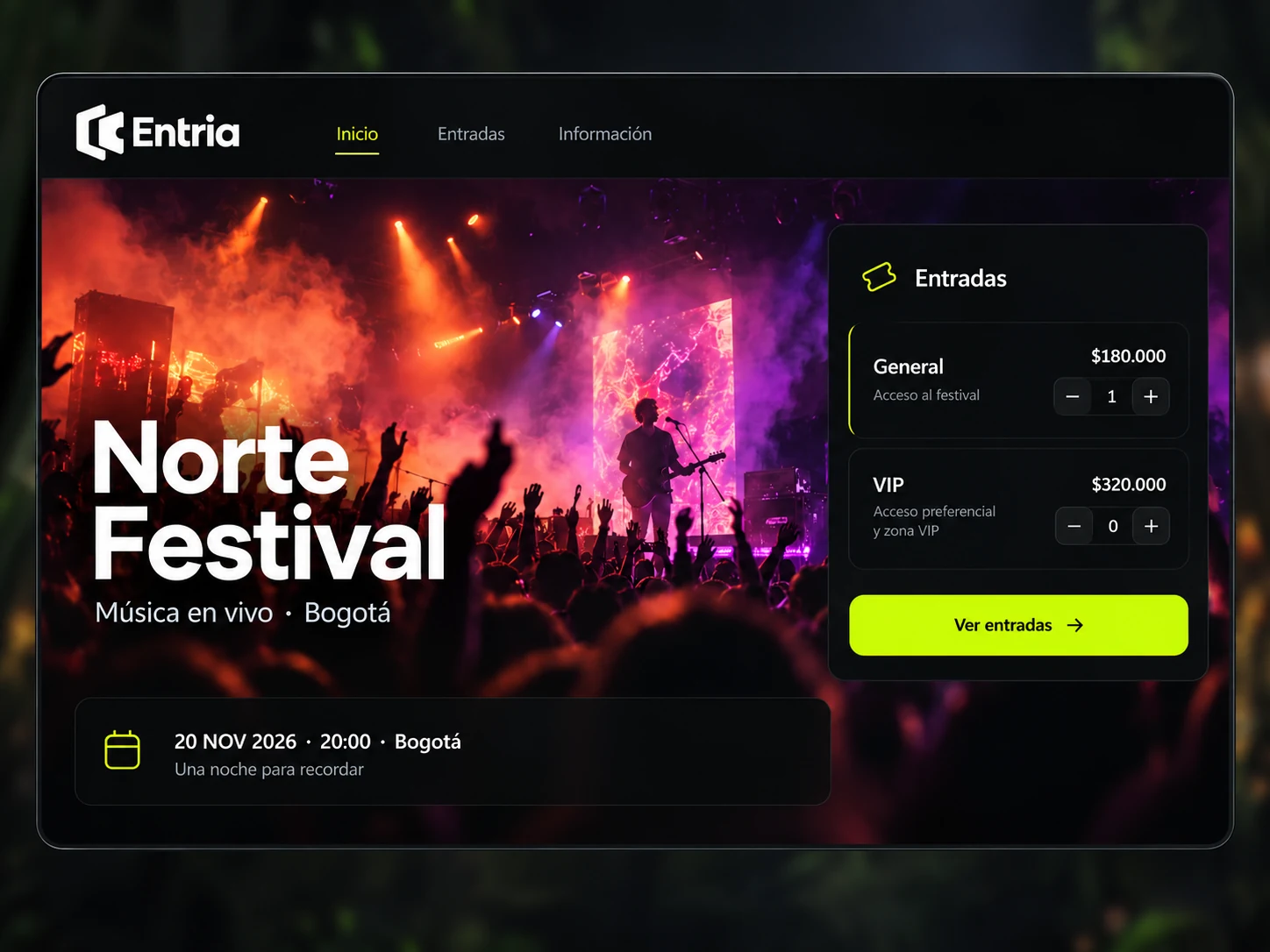 Mockup ilustrativo de la página de Norte Festival, con portada de concierto y selección de entradas